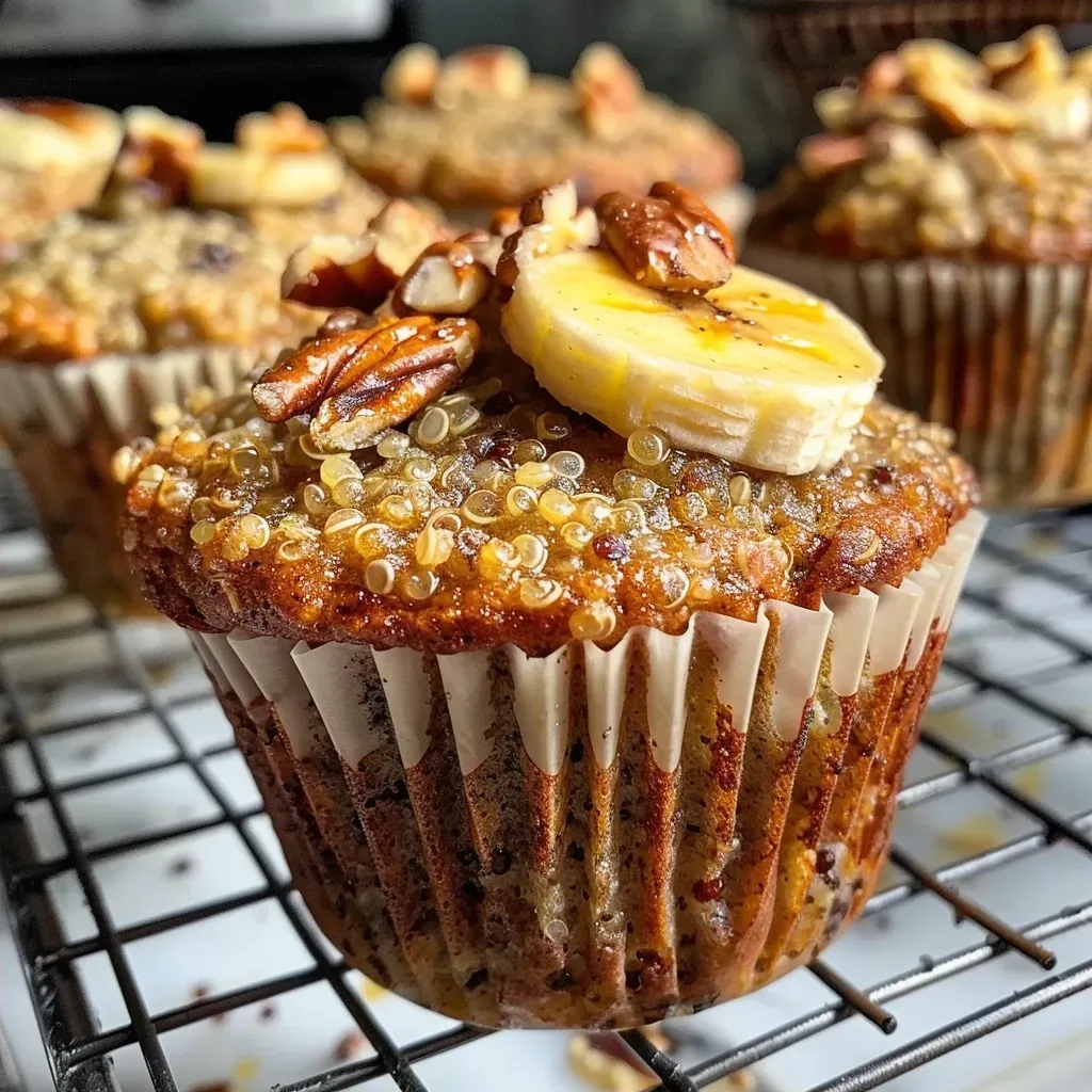 Side angle of freshly baked quinoa muffins featuring a moist interior.