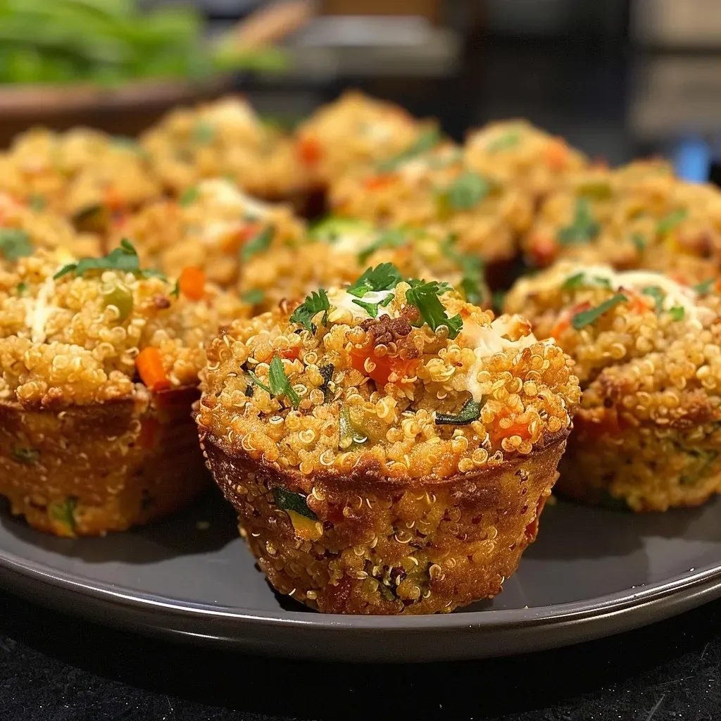 Close-up side view of a golden brown quinoa muffin with visible vegetables and cheese.