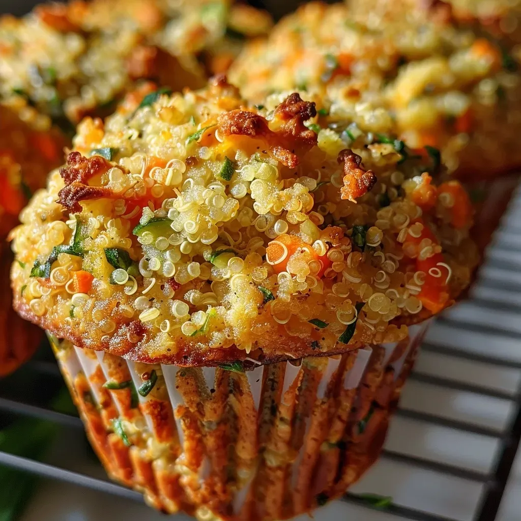 Juicy quinoa muffin with a textured top, showcasing colorful bits of chopped vegetables.