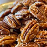 Close-up of curried pecans glazed with spices on a white plate.