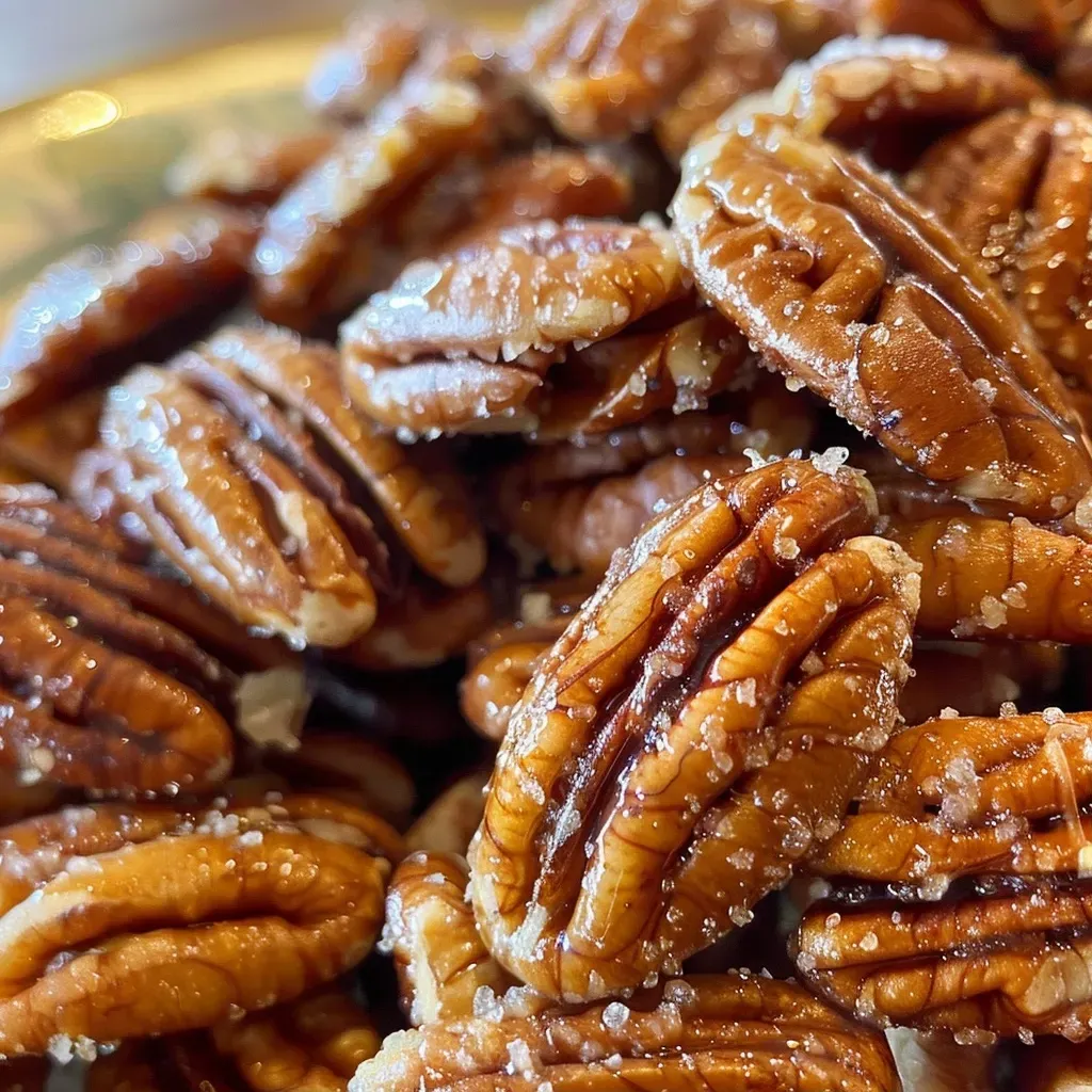 Close-up of curried pecans glazed with spices on a white plate.