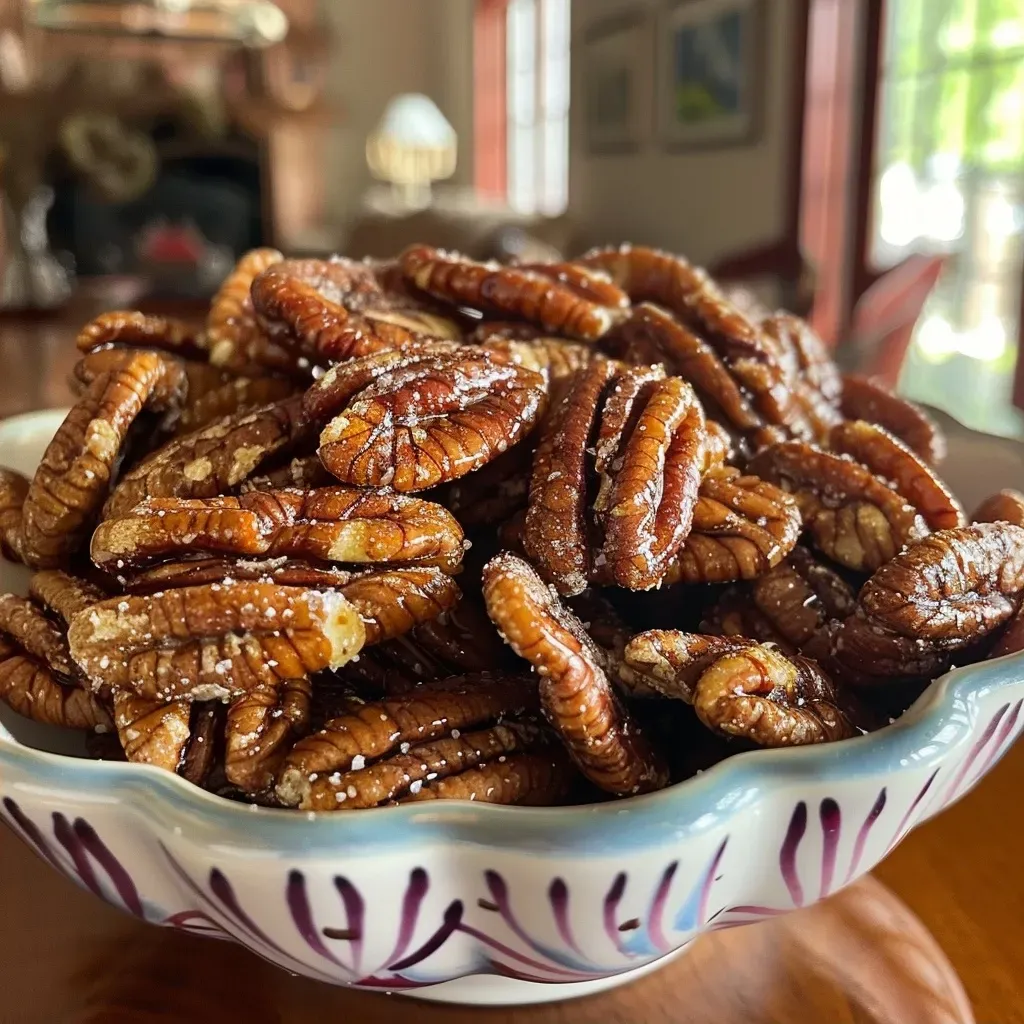 Side view of spicy pecan halves coated in a golden curry mixture.