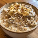 ['Close-up view of colorful overnight oats in a mason jar with sliced banana, blueberries, and chocolate chips.', 'Side view of a large mouth mason jar filled with creamy overnight oats topped with strawberries and chia seeds.', 'Delicious overnight oats displayed in a jar, featuring a mix of fruits, oats, and chocolate.', 'Close-up of a mason jar with overnight oats, showcasing layers of oats, fruits, and toppings.']