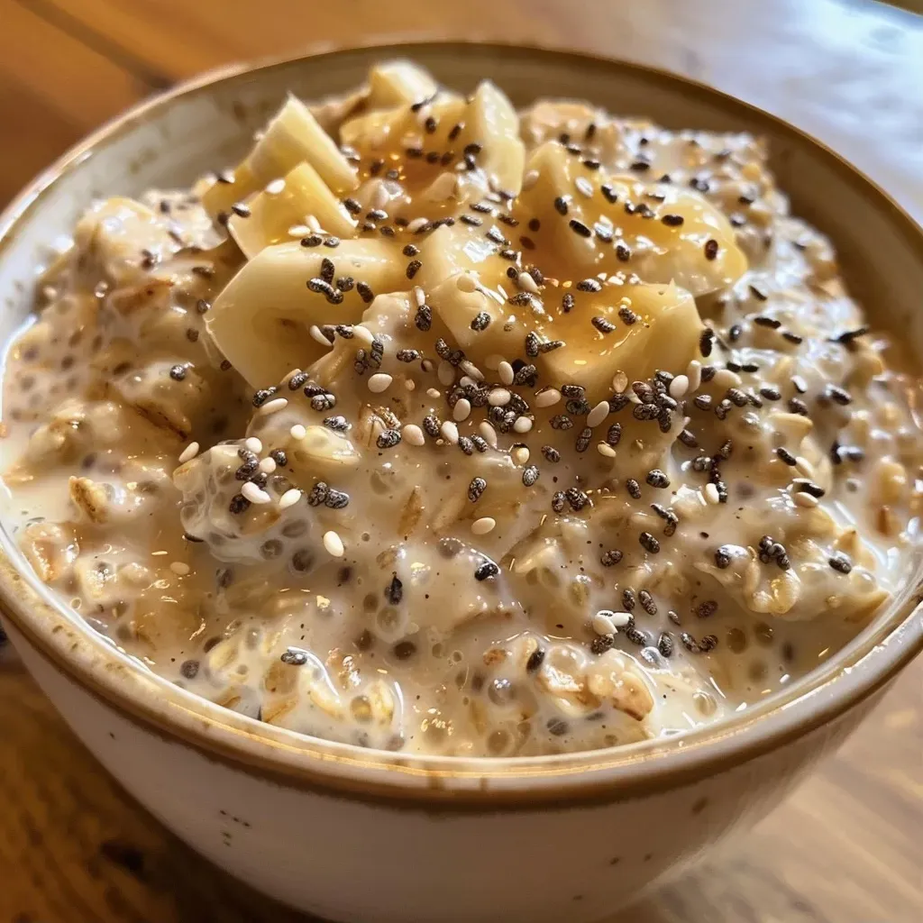 Close-up view of colorful overnight oats in a mason jar with sliced banana, blueberries, and chocolate chips.