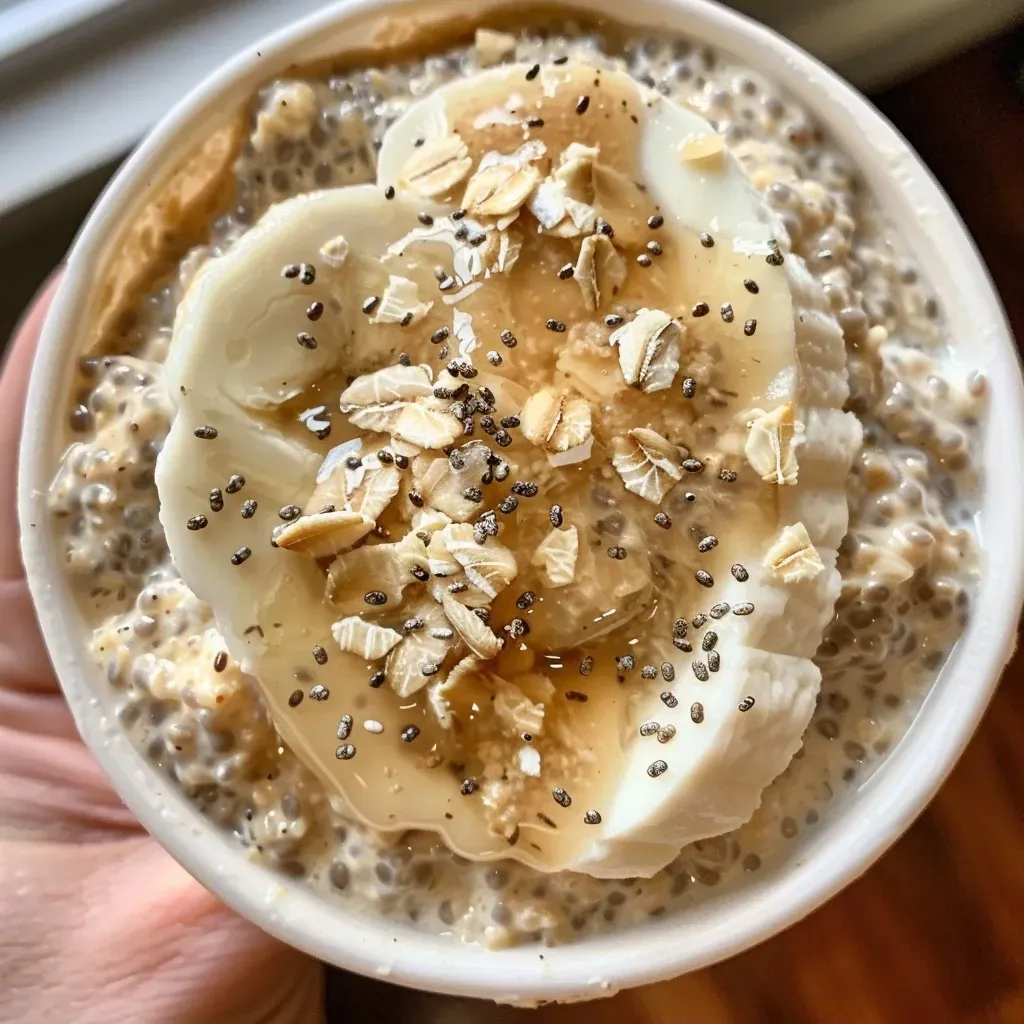 Close-up view of colorful overnight oats in a mason jar with sliced banana, blueberries, and chocolate chips.