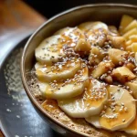 A close-up side view of a healthy pancake bowl topped with apple, cinnamon, and speculoos biscuits.