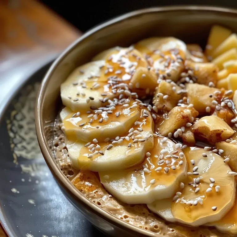 A close-up side view of a healthy pancake bowl topped with apple, cinnamon, and speculoos biscuits.
