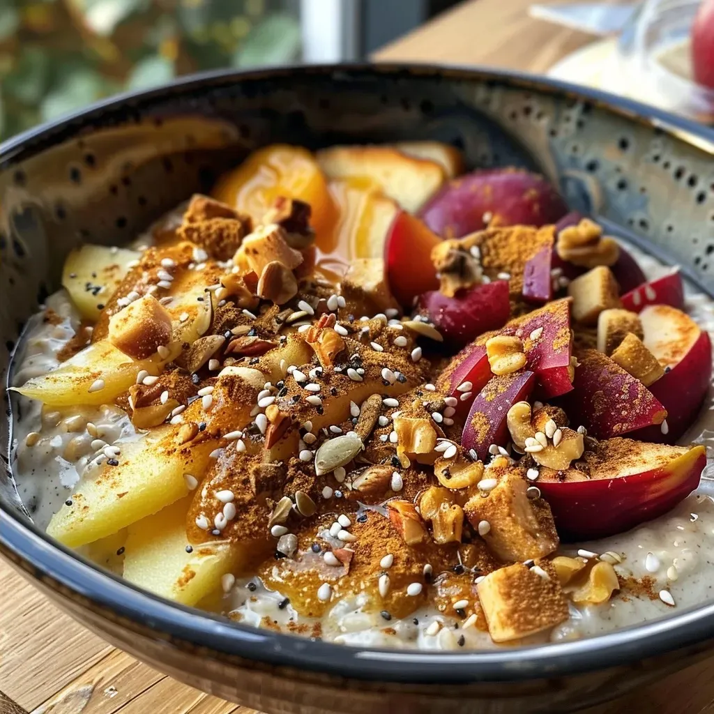 A vibrant pancake bowl filled with oats, apple compote, and spices, viewed from the side.