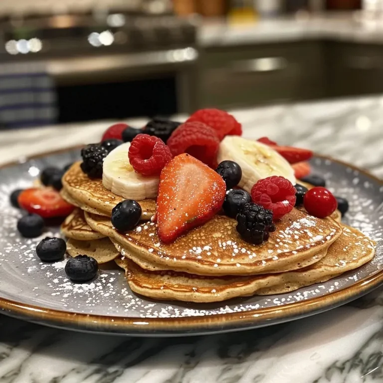 Close-up side view of a high protein pancake bowl topped with fresh berries and yogurt.