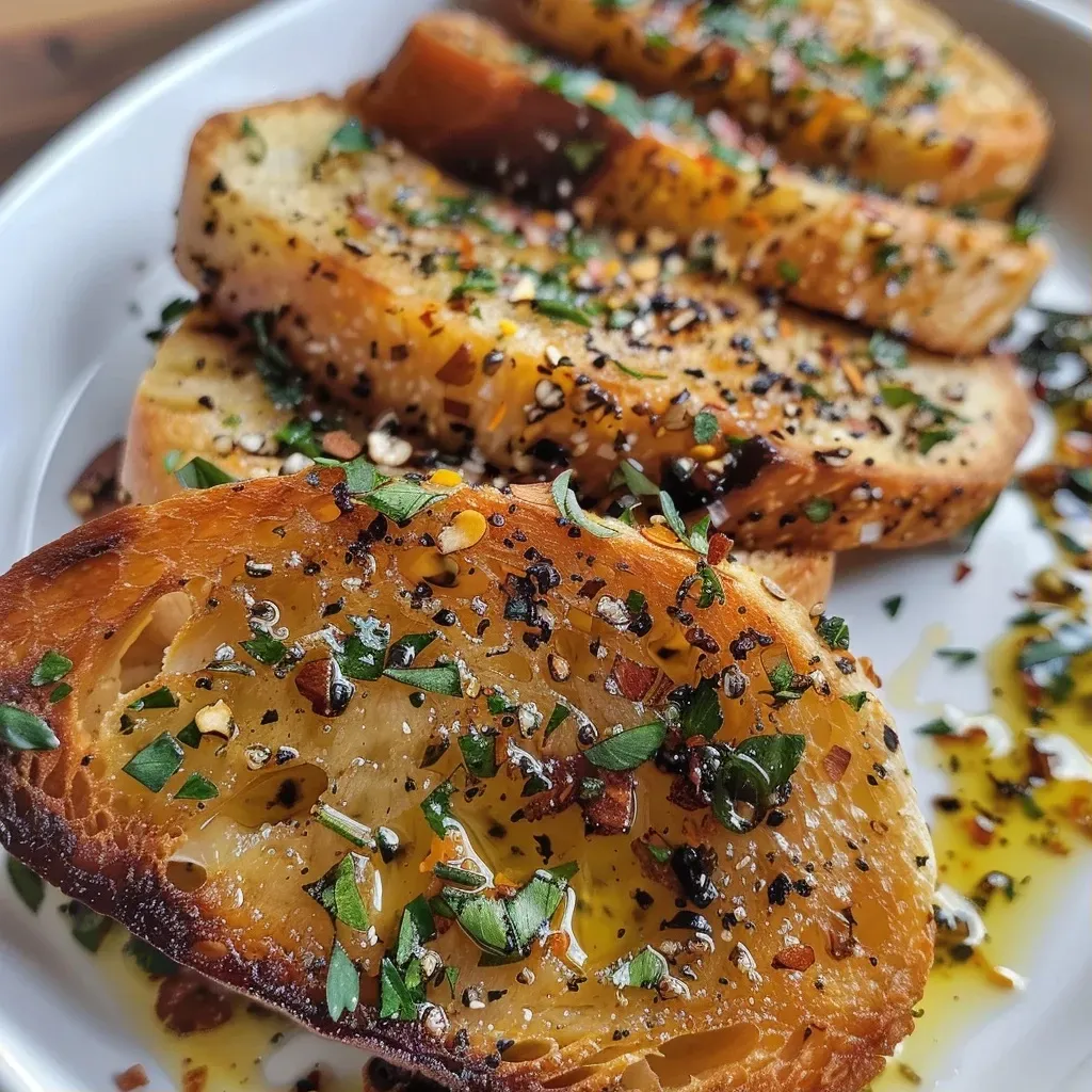 Close-up view of air-fried poireaux garnished with herbs.