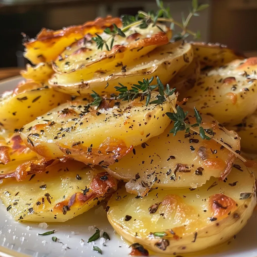 Close-up view of golden-brown Pommes Anna, layered with butter and herbs.