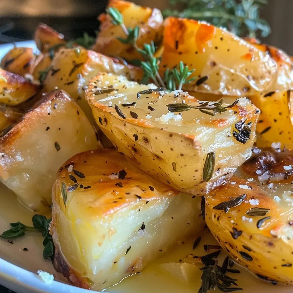 Side profile of Pommes Anna showcasing crispy potato layers and thyme.