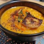 Close-up view of a creamy pumpkin protein soup in a bowl, garnished with roasted pumpkin seeds.