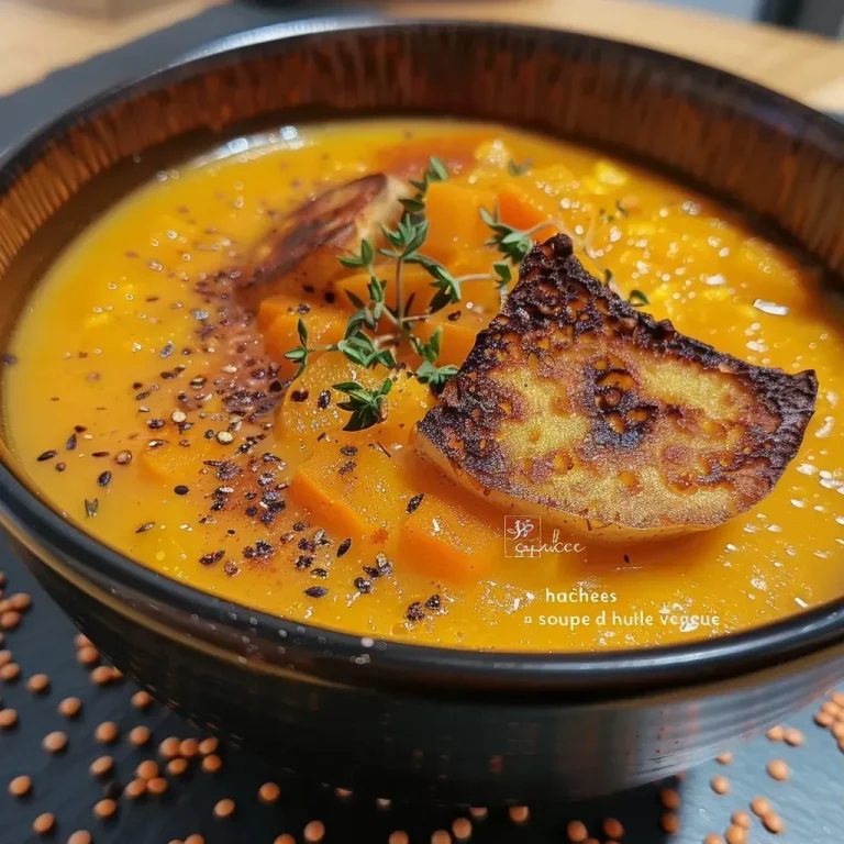 Close-up view of a creamy pumpkin protein soup in a bowl, garnished with roasted pumpkin seeds.