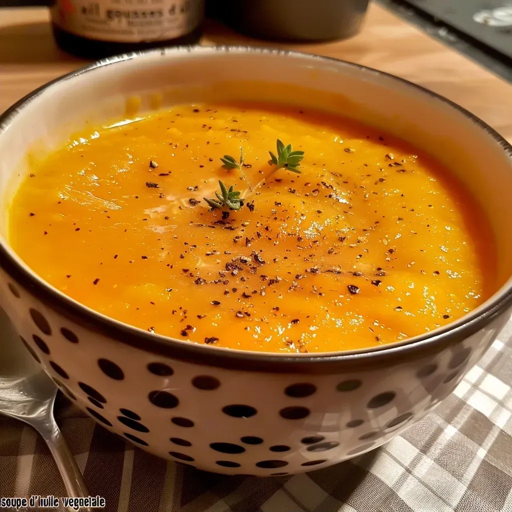 Side angle of a rich orange squash soup with visible chunks of vegetables and a dollop of cream.