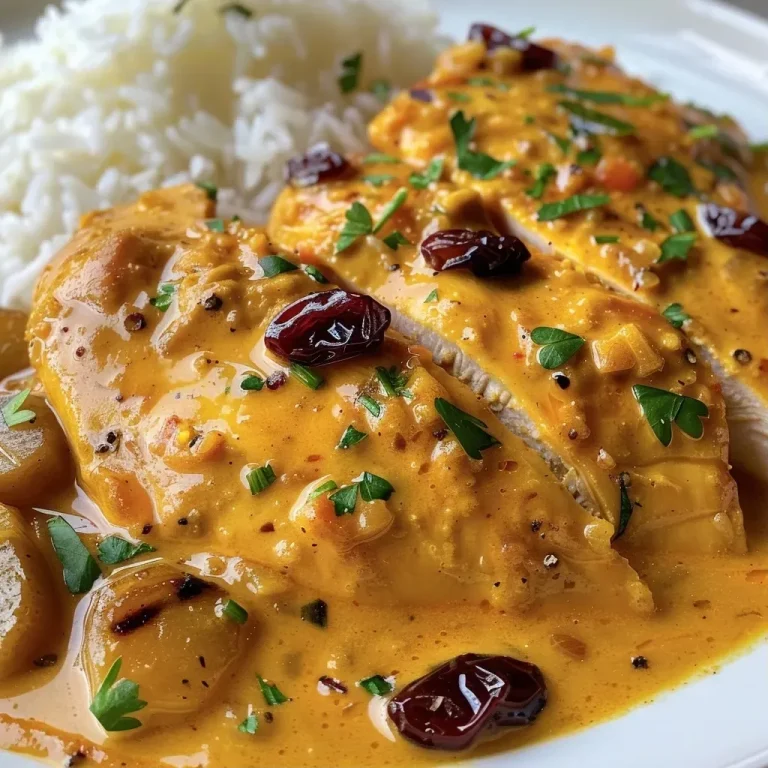 Close-up view of a plate of Poulet au Curry, showcasing tender chicken and colorful vegetables.
