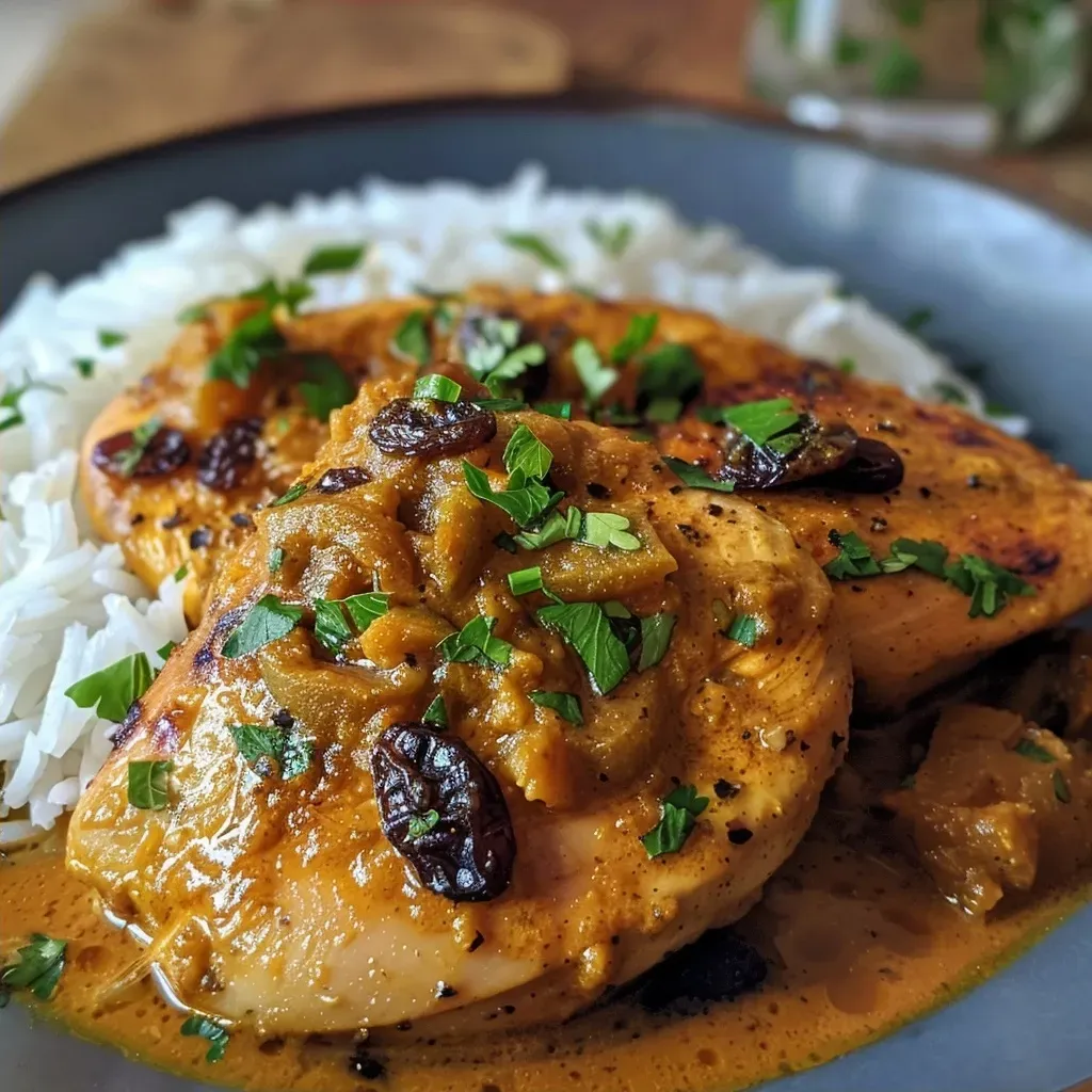 Side profile of Poulet au Curry, highlighting the juicy chicken and spices.