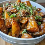 Close-up of a vegan poutine bowl with golden fries, miso gravy, and green onions.