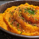 Close-up of creamy sweet potato purée in a bowl, garnished with a sprinkle of seasoning.