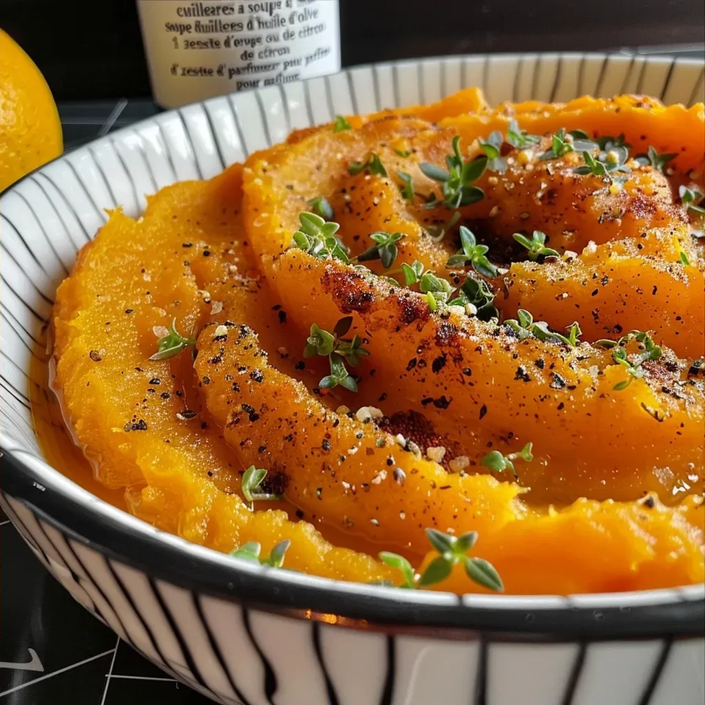 Side view of smooth orange sweet potato purée, drizzled with olive oil and a hint of citrus zest.
