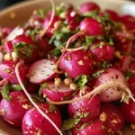 Close-up view of vibrant red pickled radishes in a glass jar.