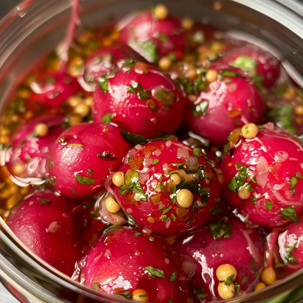 Side angle of a container filled with marinated radishes, showcasing their glossy surface.