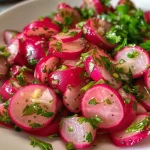 Close-up of roasted radishes with a glossy finish, highlighting their crispy edges and juicy interior.