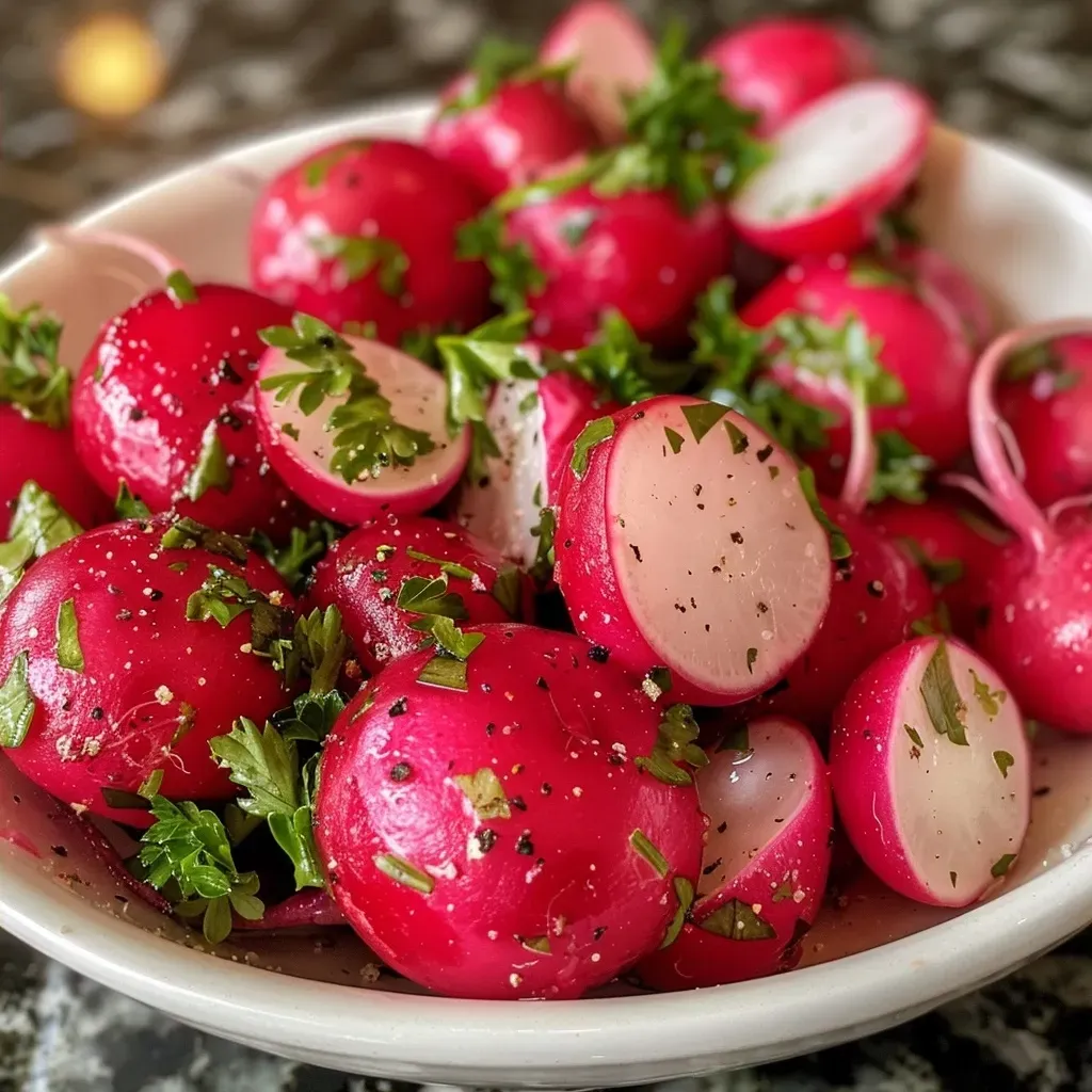 Side view of freshly roasted radishes, showcasing their vibrant color and garnishing herbs.