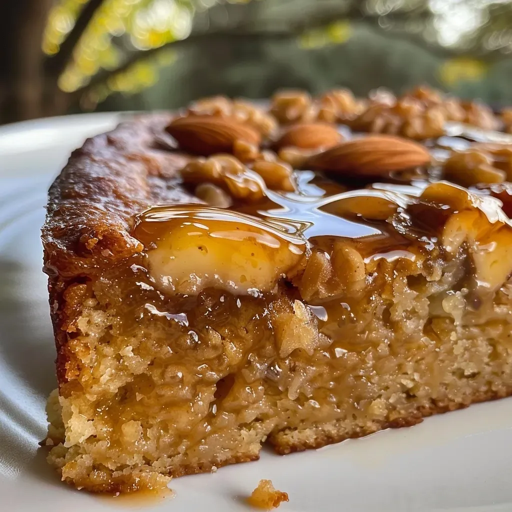 Side view of a freshly baked cake showcasing its moist texture and nutty topping.