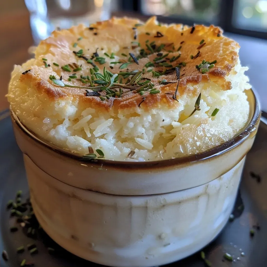 Side view of a deliciously baked riz sauvage soufflé on a plate.