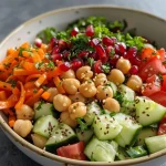 A colorful detox salad bowl featuring chickpeas, diced cucumber, chopped tomato, grated carrot, and bell peppers, garnished with pomegranate seeds.