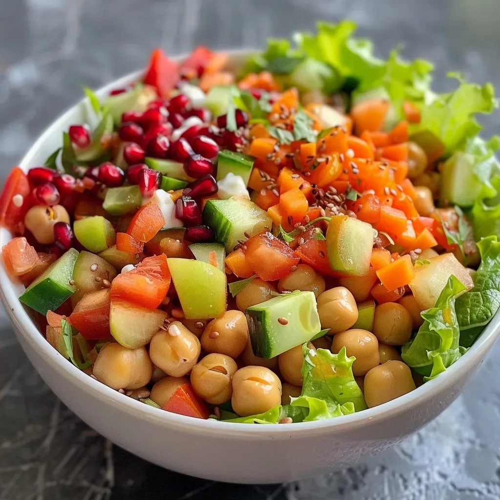 A close-up view of a high-protein salad with green spinach, vibrant vegetables, and seeds, displaying fresh ingredients.