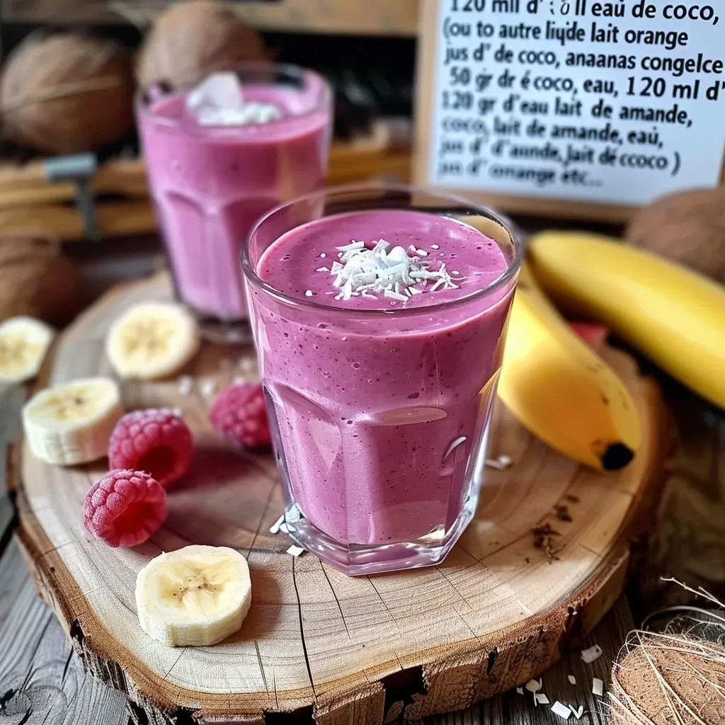 Side view of a thick, juicy beet smoothie surrounded by fresh ingredients.