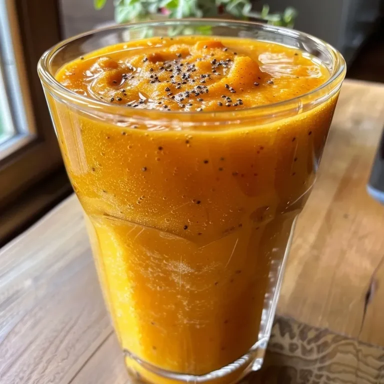 Le smoothie d’automne qui réchauffe le cœur Close-up of a vibrant autumn smoothie made with pumpkin, orange, and apple.