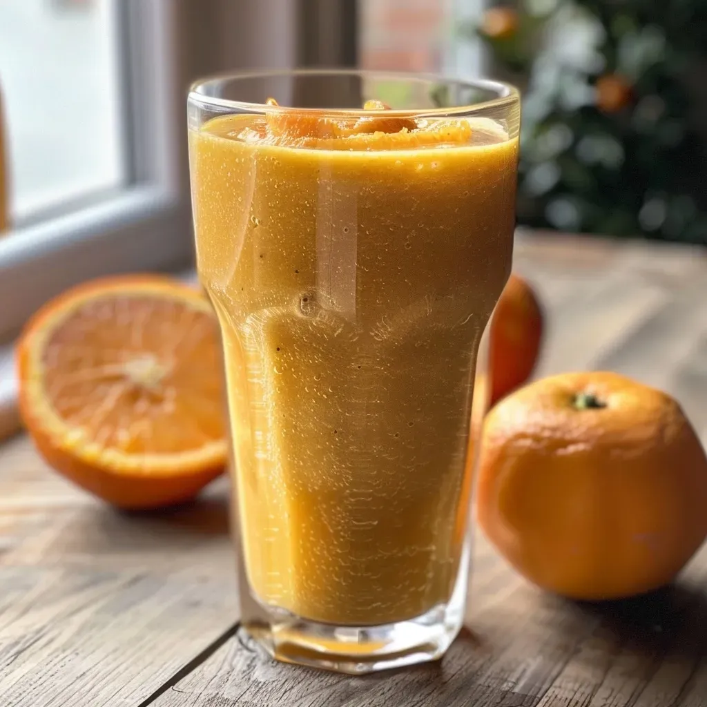 Side view of a thick, juicy smoothie featuring seasonal ingredients like pumpkin and orange.