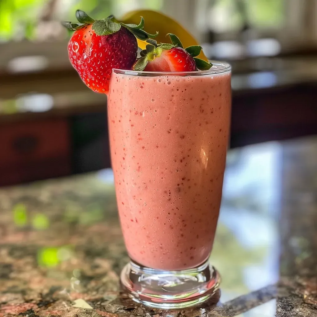 Close-up side view of a creamy strawberry smoothie in a glass.