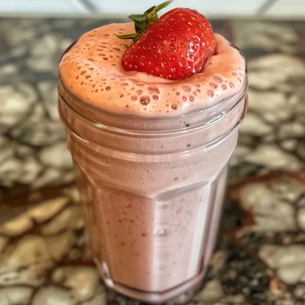 Juicy strawberry smoothie garnished with a slice of fresh strawberry.