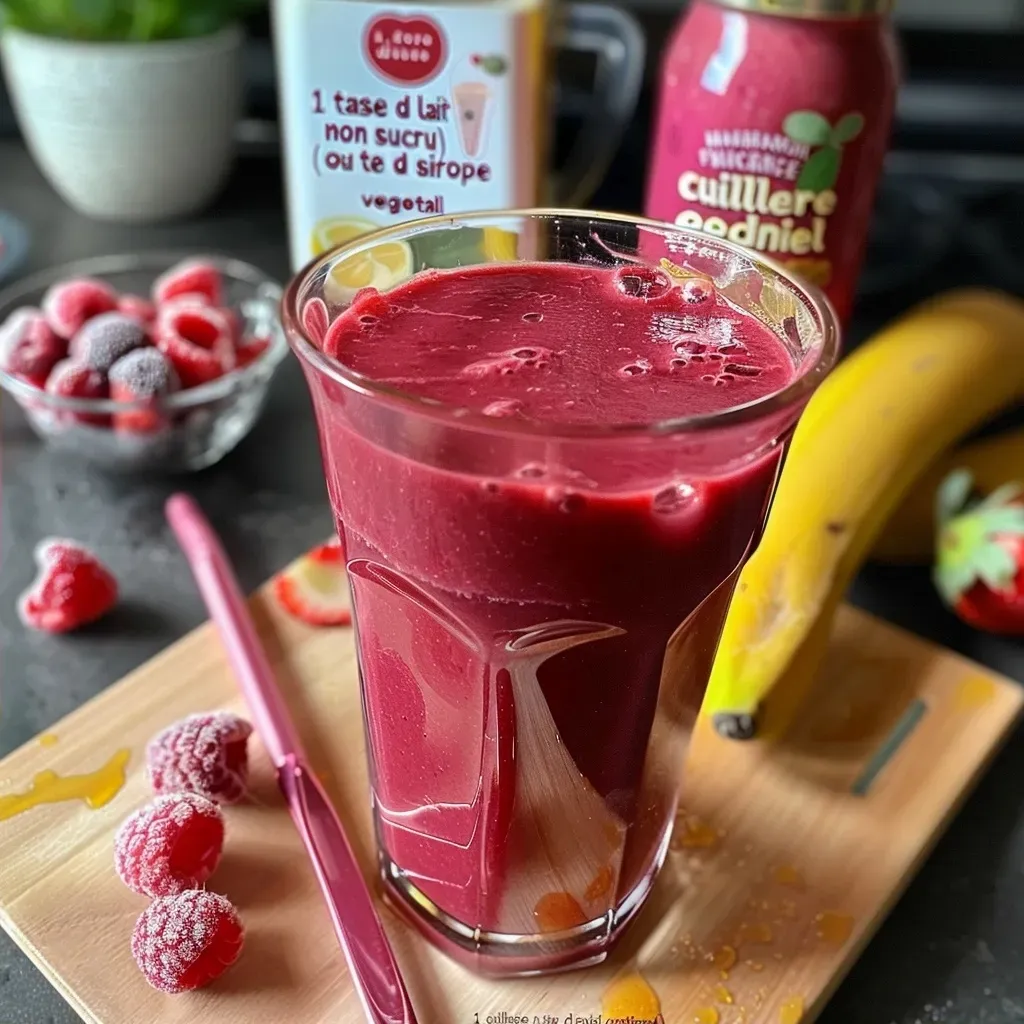 Side view of a vibrant red smoothie made with beets and berries in a glass.