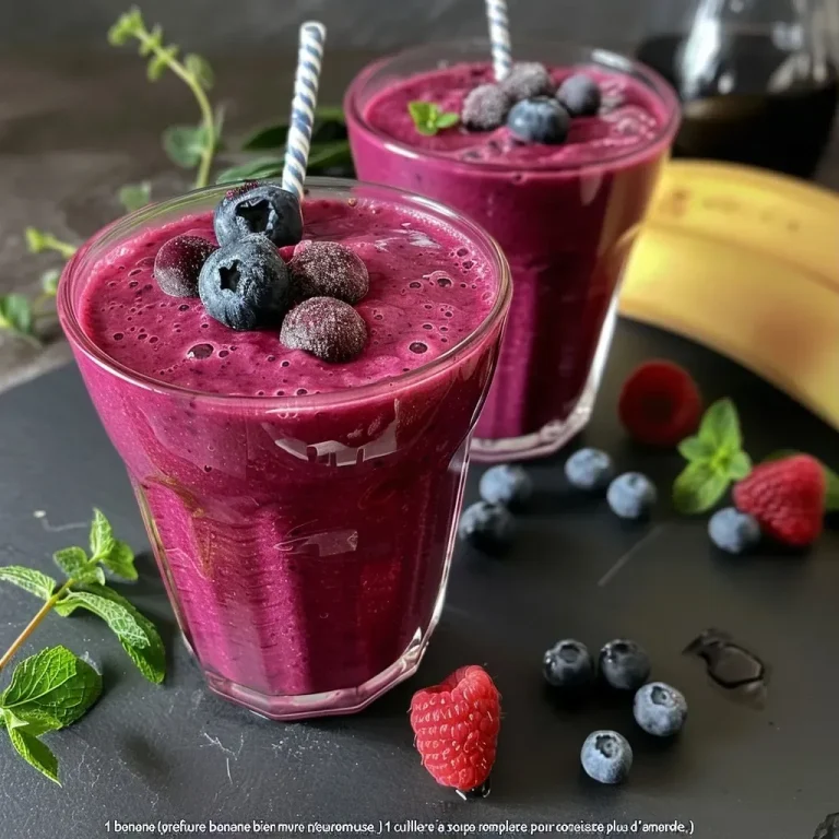 Un smoothie coloré pour booster votre énergie au quotidien A close-up of a vibrant beetroot and blueberry smoothie in a clear glass, with a mint garnish.