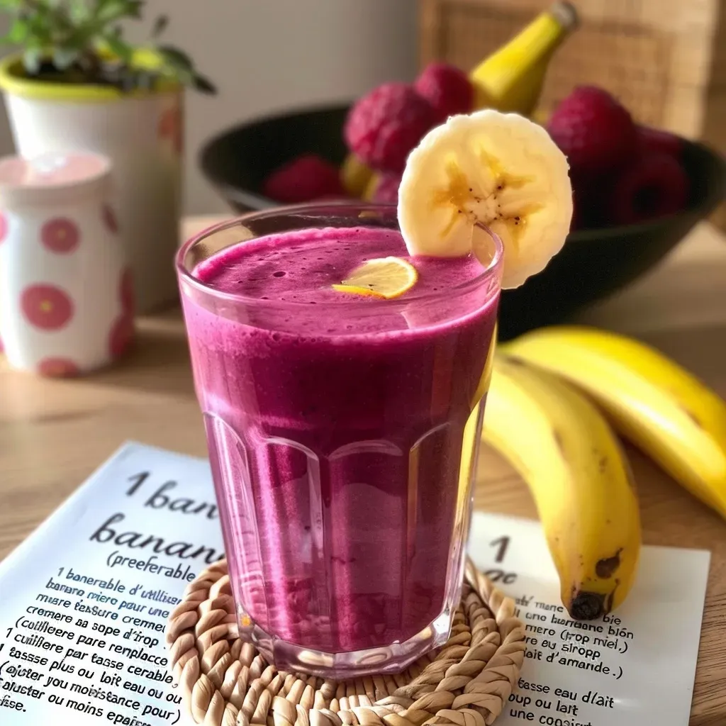 Side view of a thick, purple smoothie made from beetroot and blueberries, placed on a wooden table.