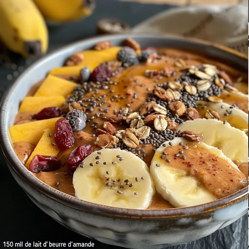 Close-up view of an autumn smoothie bowl with colorful toppings.