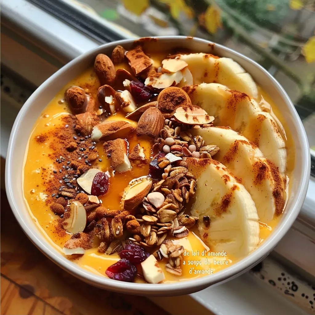 Side view of a vibrant smoothie bowl featuring autumn ingredients like coconut and walnuts.