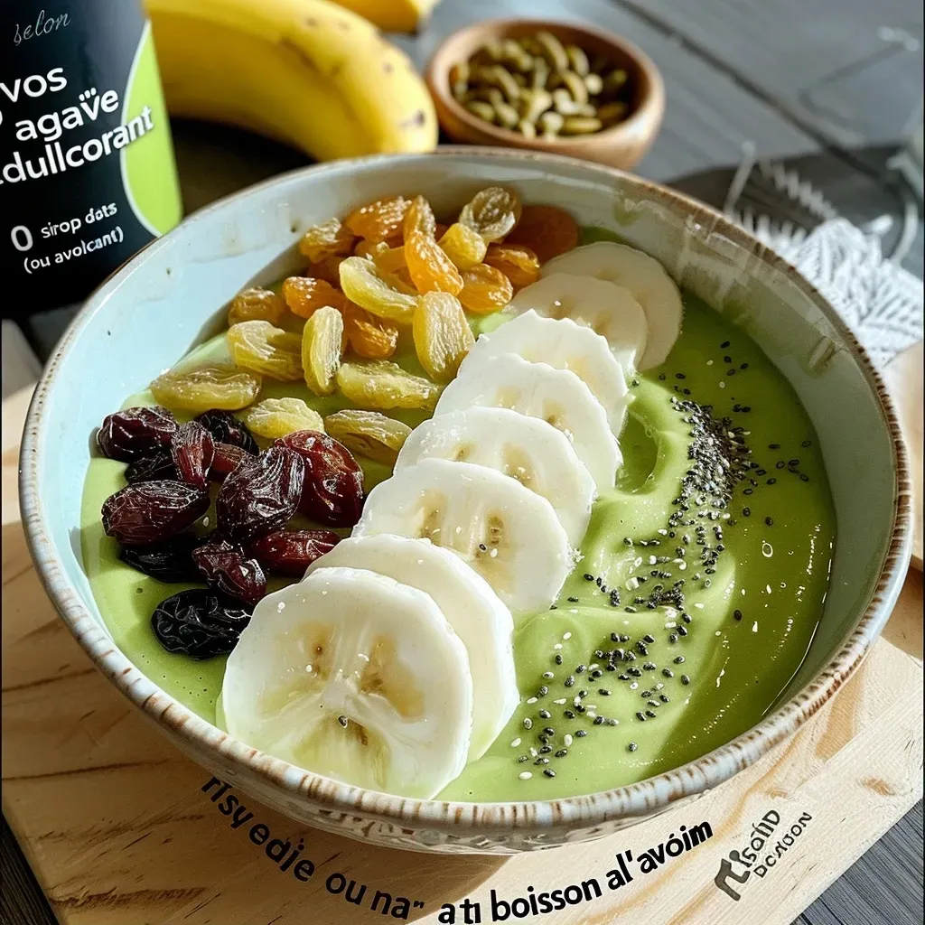 Side view of a creamy smoothie bowl topped with fruits and seeds.