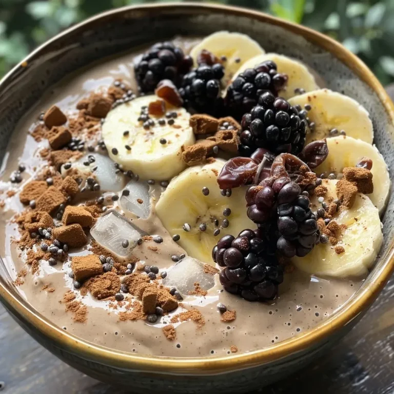 Close-up view of a gingerbread smoothie bowl topped with blackberries and gingerbread almond butter.