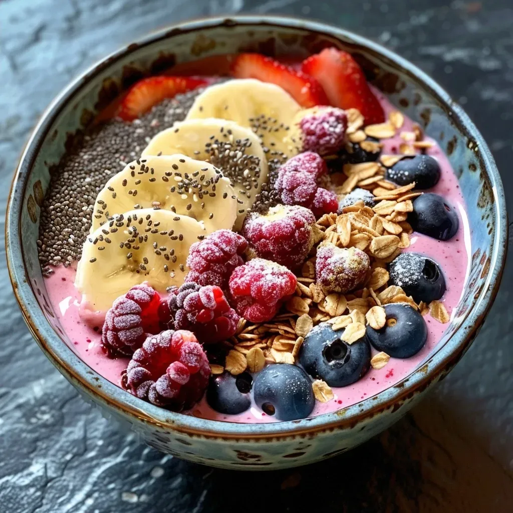 Side view of a colorful smoothie bowl made with Greek yogurt and frozen berries.