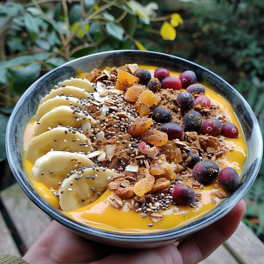 Close-up of a vibrant pumpkin smoothie bowl with assorted toppings.