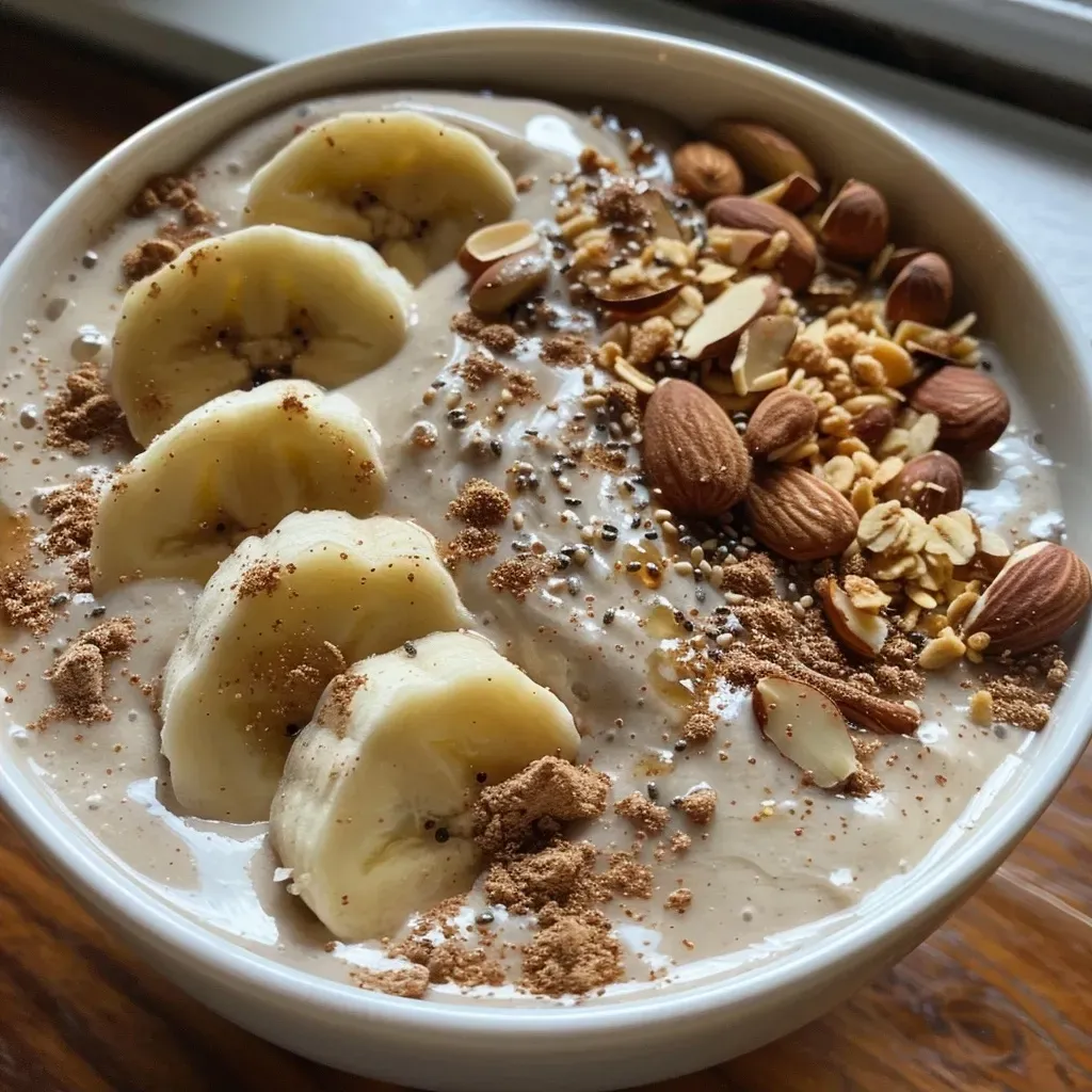 Close-up of a creamy smoothie bowl garnished with nuts and a dusting of cinnamon on top.
