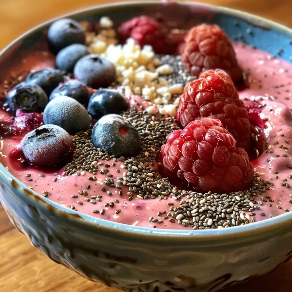 A vibrant smoothie bowl topped with granola, fruit, and seeds, viewed from the side.