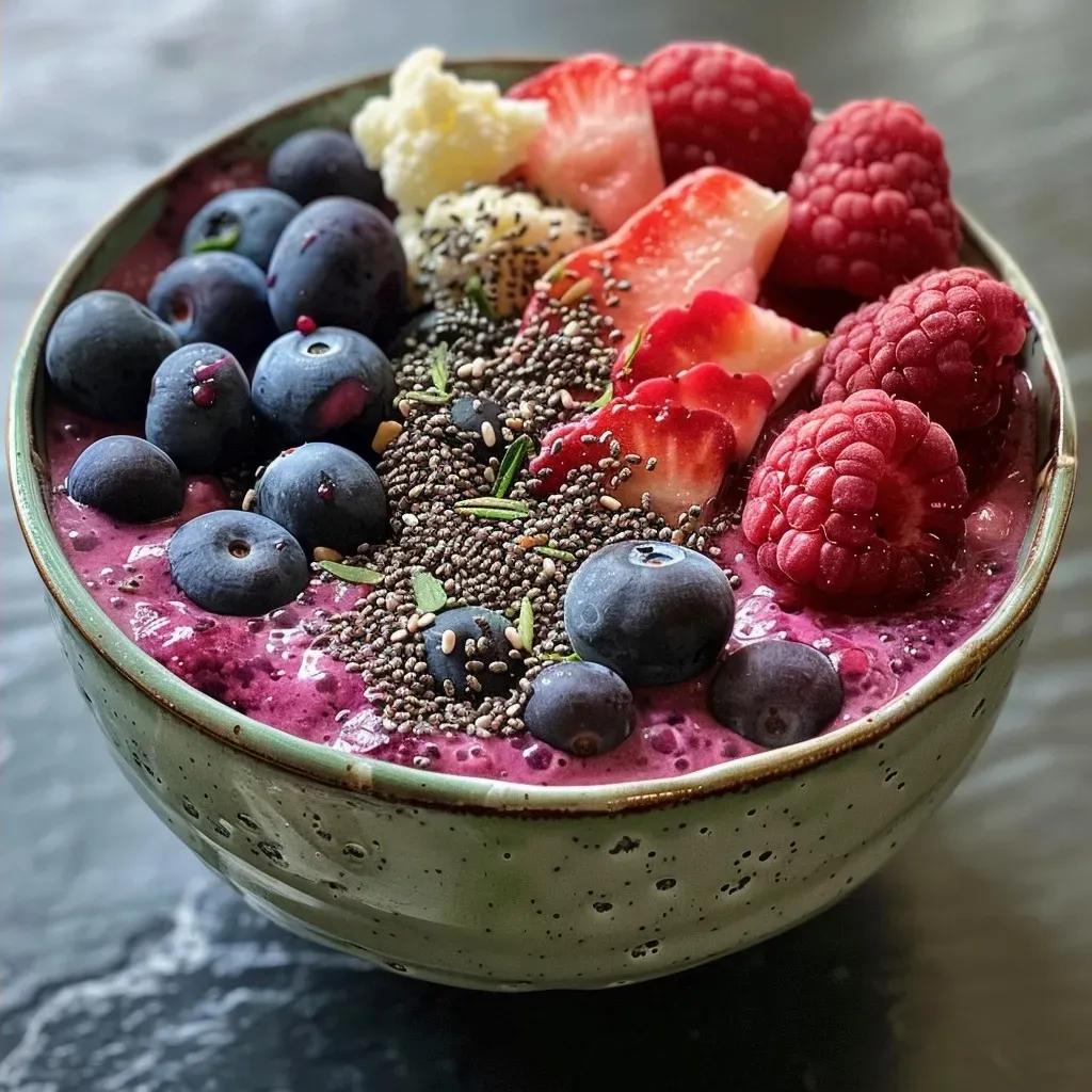 Close-up of a vibrant smoothie bowl with strawberries and raspberries.