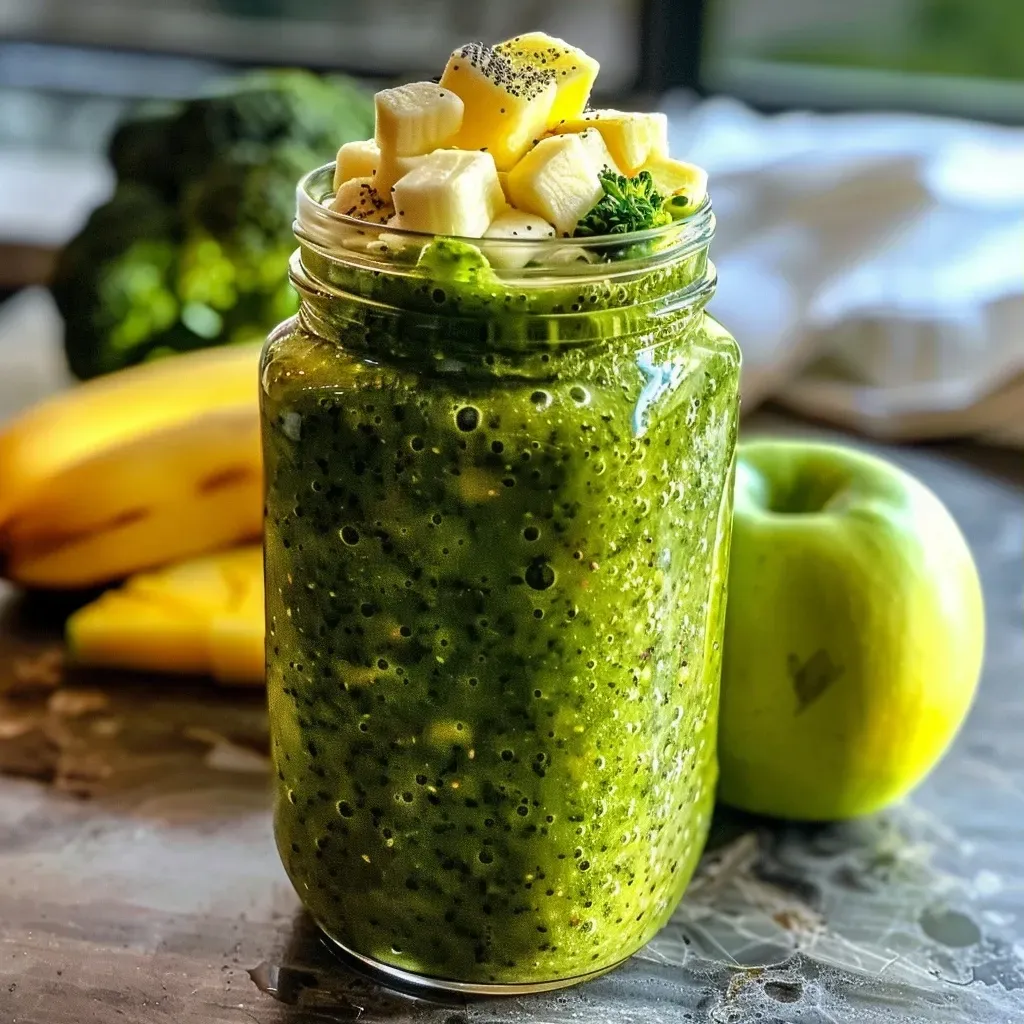 Close-up of a green broccoli smoothie in a clear glass with ice cubes.